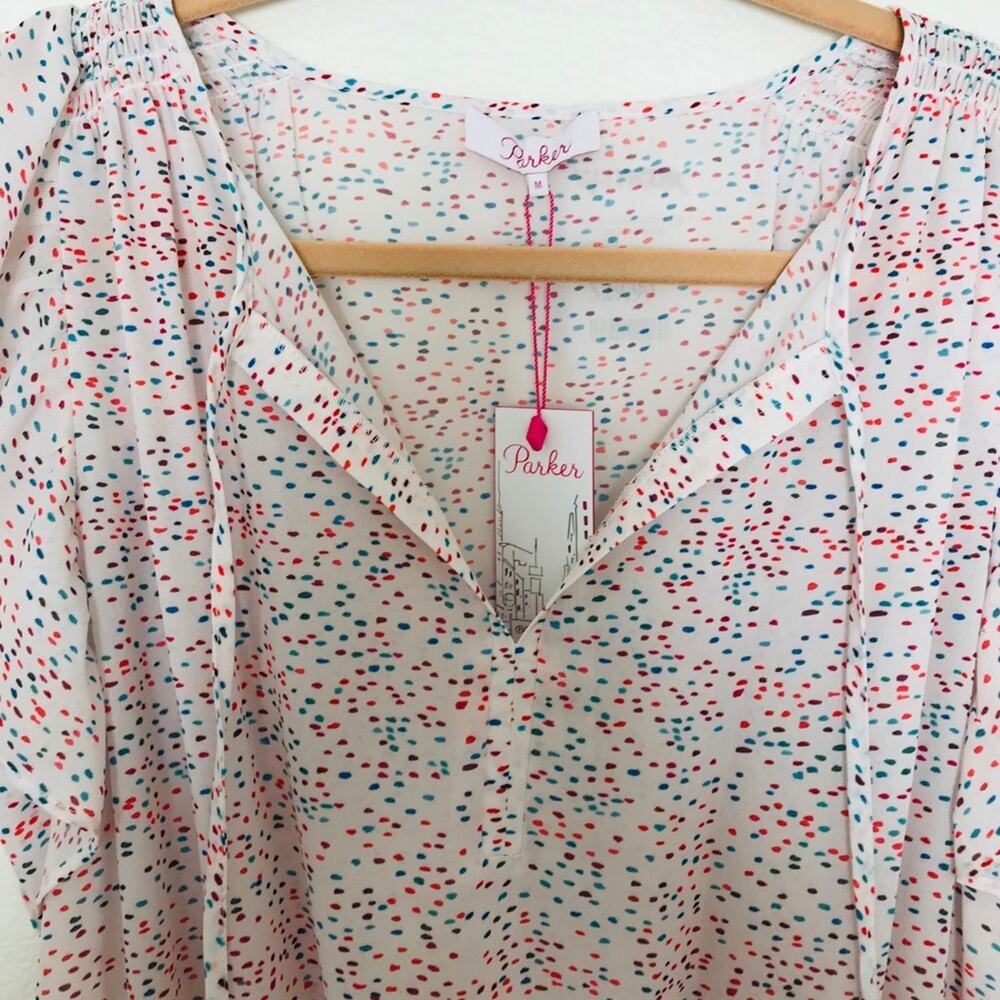 Parker New York Pink Dottie Print Silky Smocked Mini Dress Flutter Sleeve NWT - Picture 8 of 9